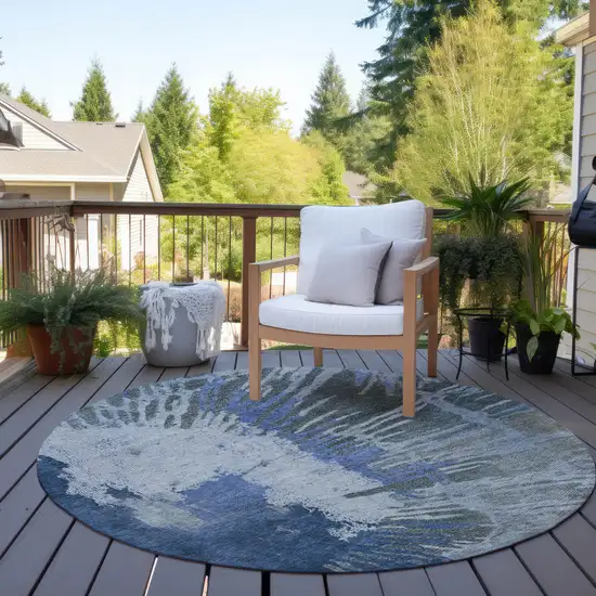 8' Denim Blue And Navy Blue Round Abstract Washable Indoor Outdoor Area Rug Photo 6