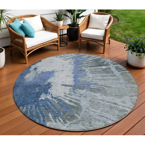 8' Denim Blue And Navy Blue Round Abstract Washable Indoor Outdoor Area Rug Photo 1