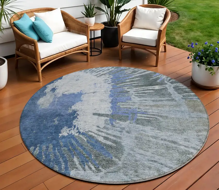 8' Denim Blue And Navy Blue Round Abstract Washable Indoor Outdoor Area Rug Photo 1