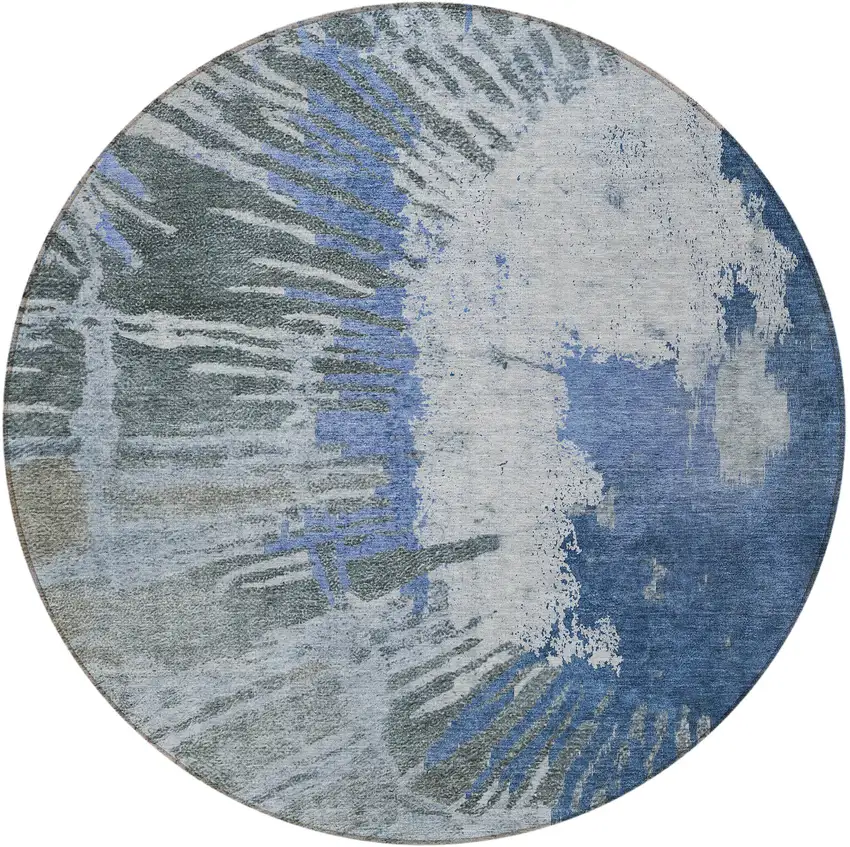 8' Denim Blue And Navy Blue Round Abstract Washable Indoor Outdoor Area Rug Photo 5