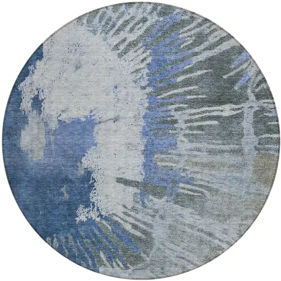8' Denim Blue And Navy Blue Round Abstract Washable Indoor Outdoor Area Rug Photo 2