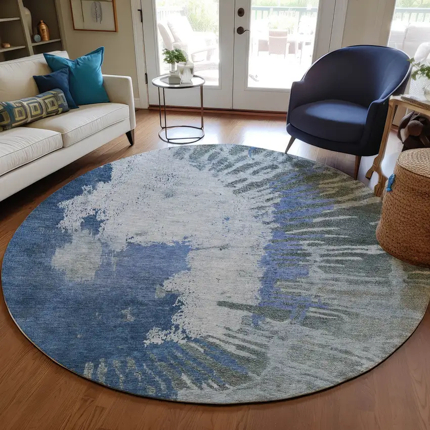 8' Denim Blue And Navy Blue Round Abstract Washable Indoor Outdoor Area Rug Photo 7