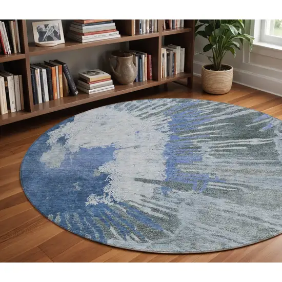 8' Denim Blue And Navy Blue Round Abstract Washable Indoor Outdoor Area Rug Photo 9