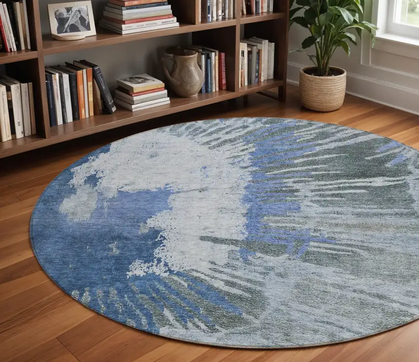 8' Denim Blue And Navy Blue Round Abstract Washable Indoor Outdoor Area Rug Photo 9