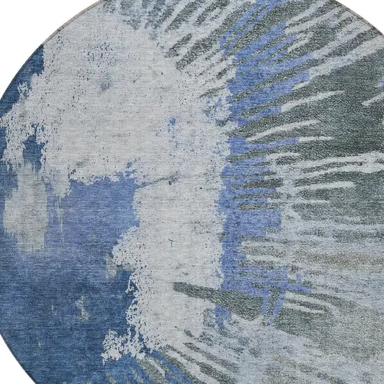 8' Denim Blue And Navy Blue Round Abstract Washable Indoor Outdoor Area Rug Photo 4