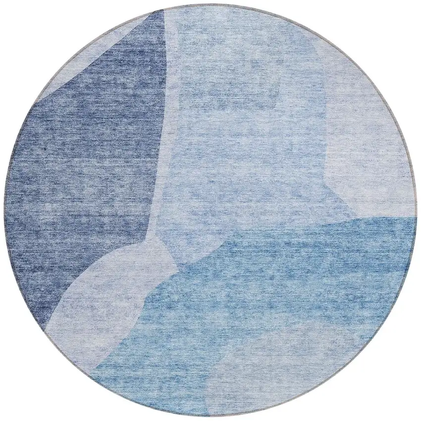 8' Denim Blue And Navy Blue Round Abstract Washable Indoor Outdoor Area Rug Photo 5
