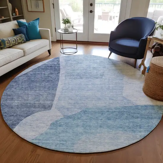8' Denim Blue And Navy Blue Round Abstract Washable Indoor Outdoor Area Rug Photo 7