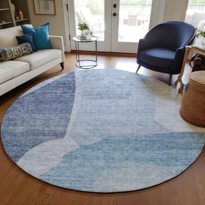 8' Denim Blue And Navy Blue Round Abstract Washable Indoor Outdoor Area Rug Photo 7