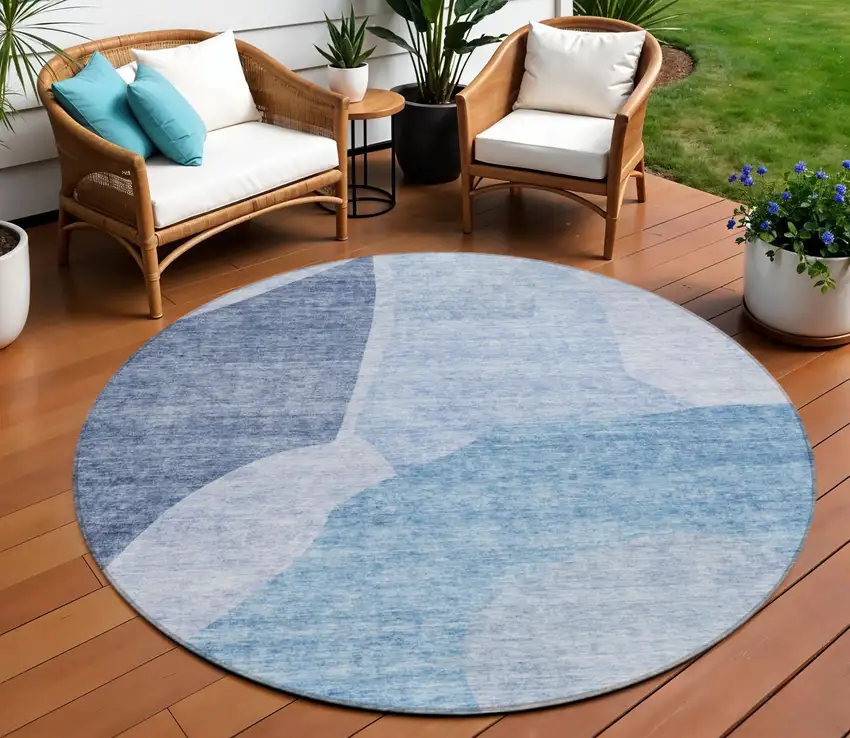 8' Denim Blue And Navy Blue Round Abstract Washable Indoor Outdoor Area Rug Photo 1