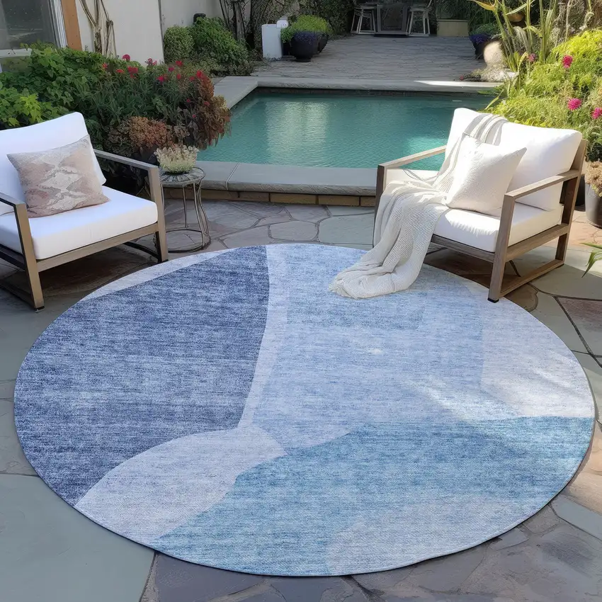 8' Denim Blue And Navy Blue Round Abstract Washable Indoor Outdoor Area Rug Photo 6