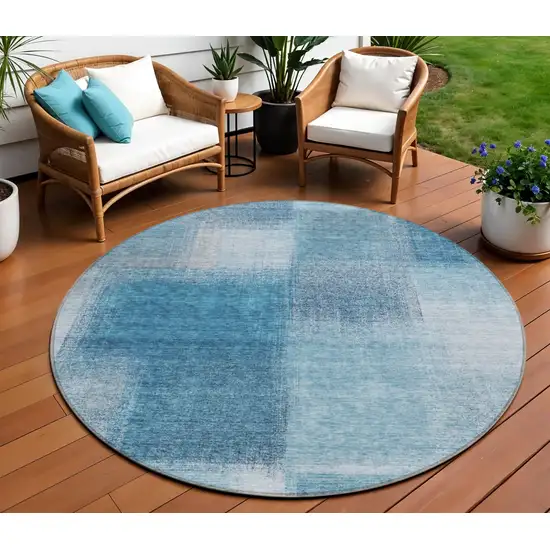 8' Denim Blue And Navy Blue Round Abstract Washable Indoor Outdoor Area Rug Photo 1
