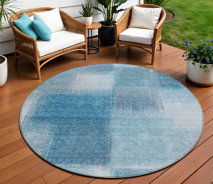 8' Denim Blue And Navy Blue Round Abstract Washable Indoor Outdoor Area Rug Photo 1