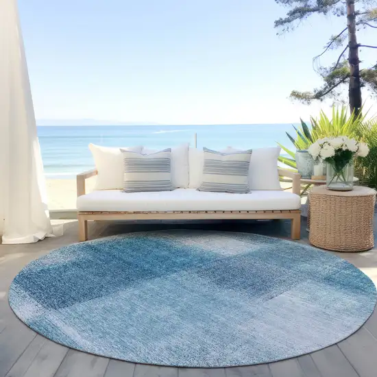 8' Denim Blue And Navy Blue Round Abstract Washable Indoor Outdoor Area Rug Photo 6