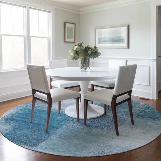 8' Denim Blue And Navy Blue Round Abstract Washable Indoor Outdoor Area Rug Photo 7