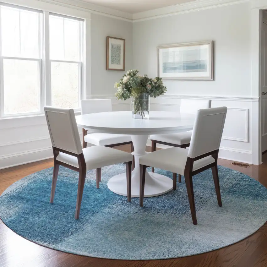8' Denim Blue And Navy Blue Round Abstract Washable Indoor Outdoor Area Rug Photo 7