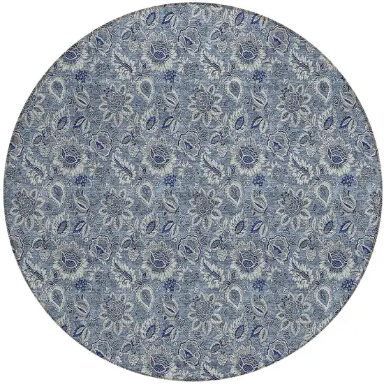 8' Denim Blue And Navy Blue Round Floral Washable Indoor Outdoor Area Rug Photo 5