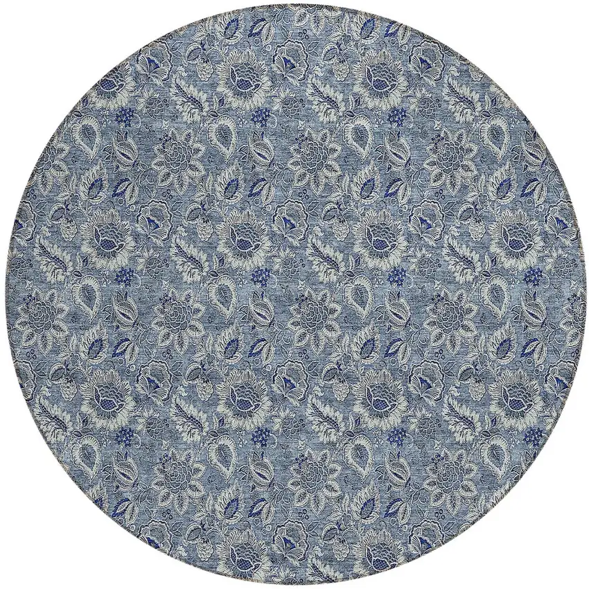 8' Denim Blue And Navy Blue Round Floral Washable Indoor Outdoor Area Rug Photo 5