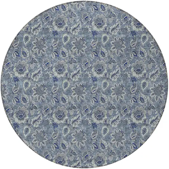 8' Denim Blue And Navy Blue Round Floral Washable Indoor Outdoor Area Rug Photo 6