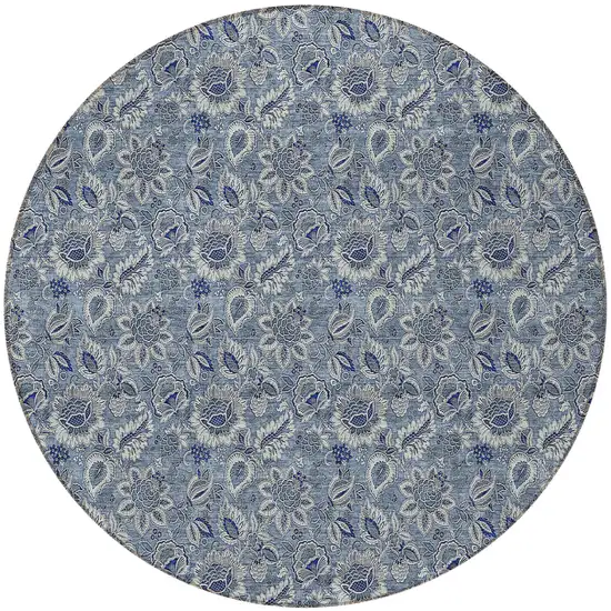 8' Denim Blue And Navy Blue Round Floral Washable Indoor Outdoor Area Rug Photo 6