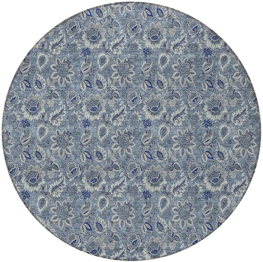 8' Denim Blue And Navy Blue Round Floral Washable Indoor Outdoor Area Rug Photo 6