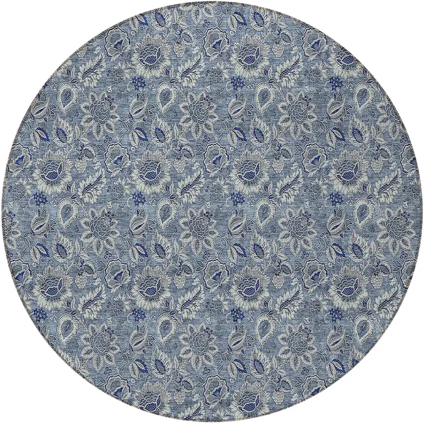 8' Denim Blue And Navy Blue Round Floral Washable Indoor Outdoor Area Rug Photo 6