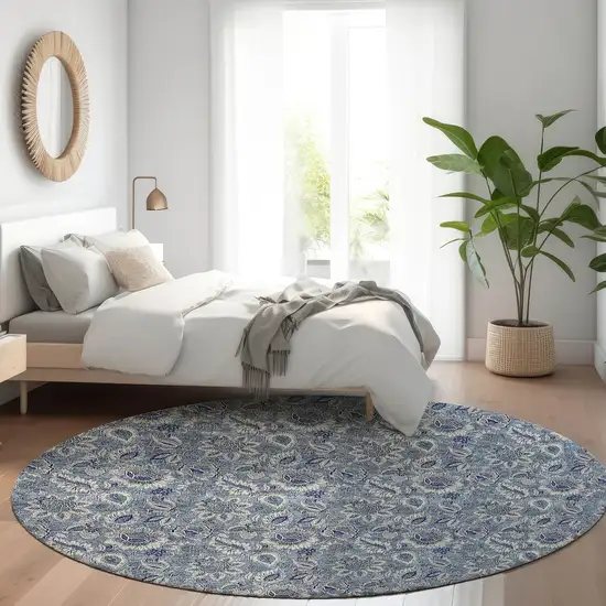 8' Denim Blue And Navy Blue Round Floral Washable Indoor Outdoor Area Rug Photo 8