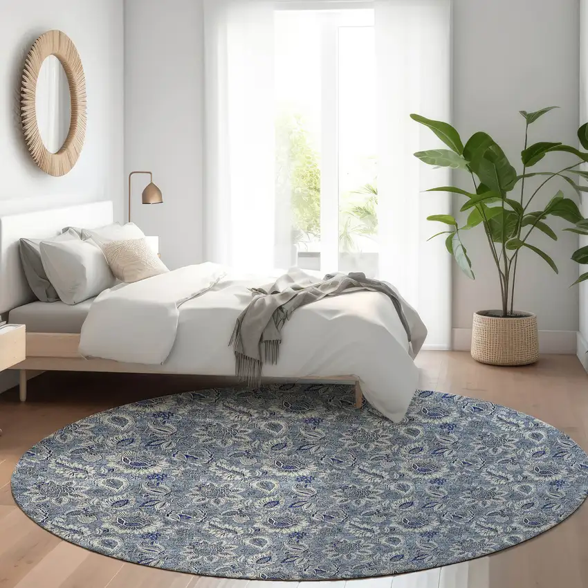 8' Denim Blue And Navy Blue Round Floral Washable Indoor Outdoor Area Rug Photo 8