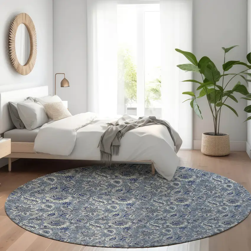 8' Denim Blue And Navy Blue Round Floral Washable Indoor Outdoor Area Rug Photo 8