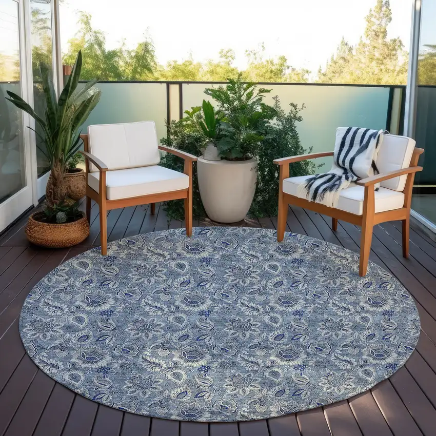 8' Denim Blue And Navy Blue Round Floral Washable Indoor Outdoor Area Rug Photo 7