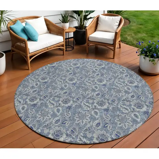 8' Denim Blue And Navy Blue Round Floral Washable Indoor Outdoor Area Rug Photo 1