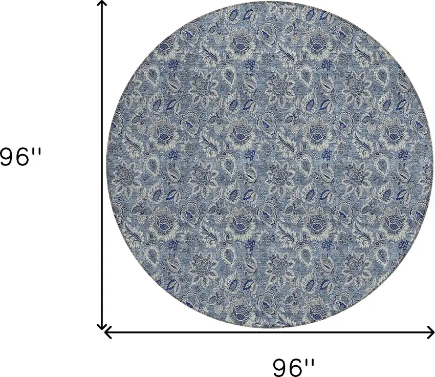 8' Denim Blue And Navy Blue Round Floral Washable Indoor Outdoor Area Rug Photo 3