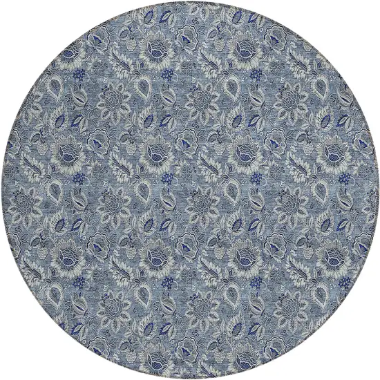 8' Denim Blue And Navy Blue Round Floral Washable Indoor Outdoor Area Rug Photo 2