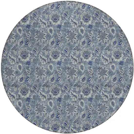 8' Denim Blue And Navy Blue Round Floral Washable Indoor Outdoor Area Rug Photo 2