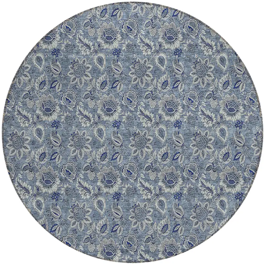 8' Denim Blue And Navy Blue Round Floral Washable Indoor Outdoor Area Rug Photo 2