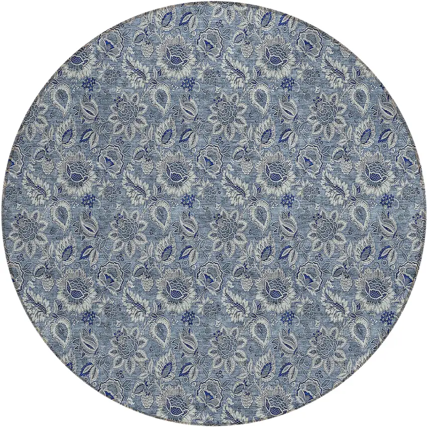 8' Denim Blue And Navy Blue Round Floral Washable Indoor Outdoor Area Rug Photo 2