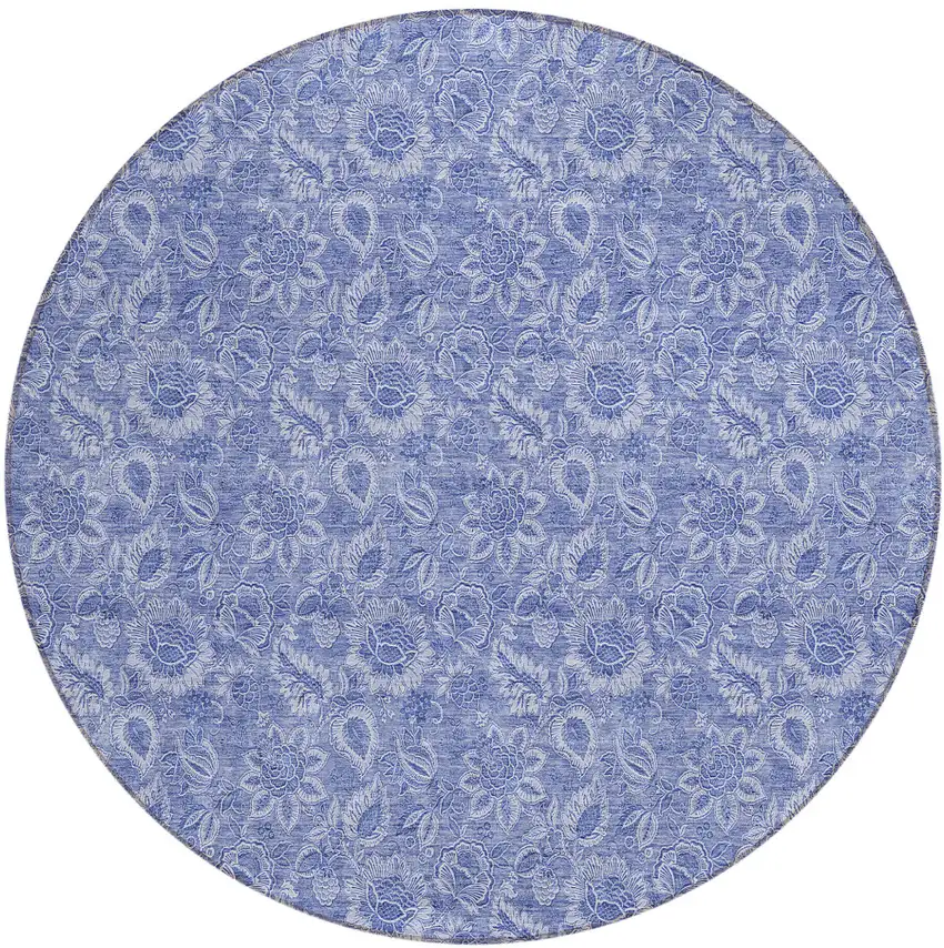 8' Denim Blue And Navy Blue Round Floral Washable Indoor Outdoor Area Rug Photo 2