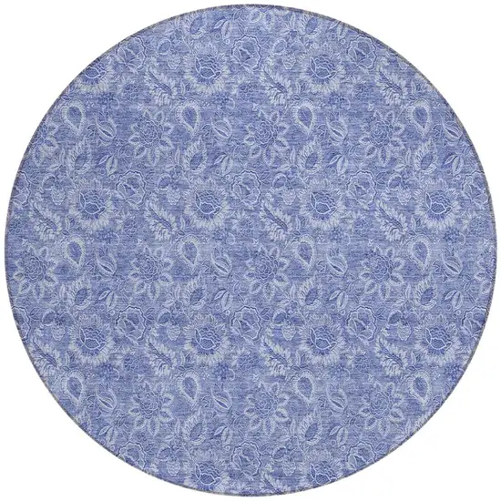 8' Denim Blue And Navy Blue Round Floral Washable Indoor Outdoor Area Rug Photo 5