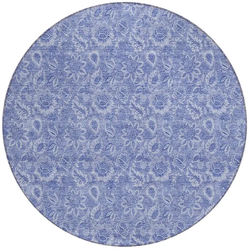 8' Denim Blue And Navy Blue Round Floral Washable Indoor Outdoor Area Rug Photo 5