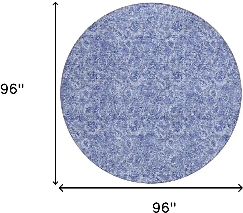 8' Denim Blue And Navy Blue Round Floral Washable Indoor Outdoor Area Rug Photo 3