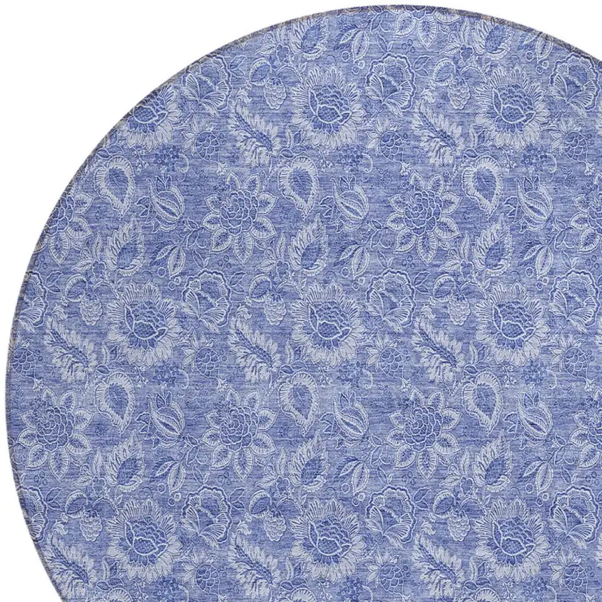 8' Denim Blue And Navy Blue Round Floral Washable Indoor Outdoor Area Rug Photo 4