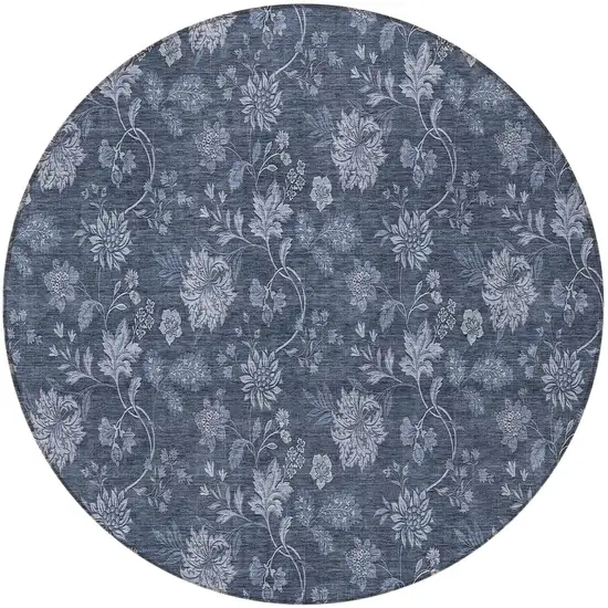 8' Denim Blue And Navy Blue Round Floral Washable Indoor Outdoor Area Rug Photo 5