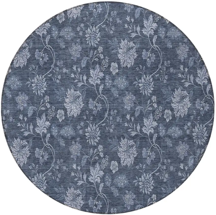 8' Denim Blue And Navy Blue Round Floral Washable Indoor Outdoor Area Rug Photo 5