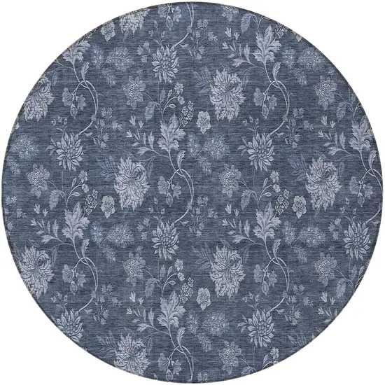 8' Denim Blue And Navy Blue Round Floral Washable Indoor Outdoor Area Rug Photo 5
