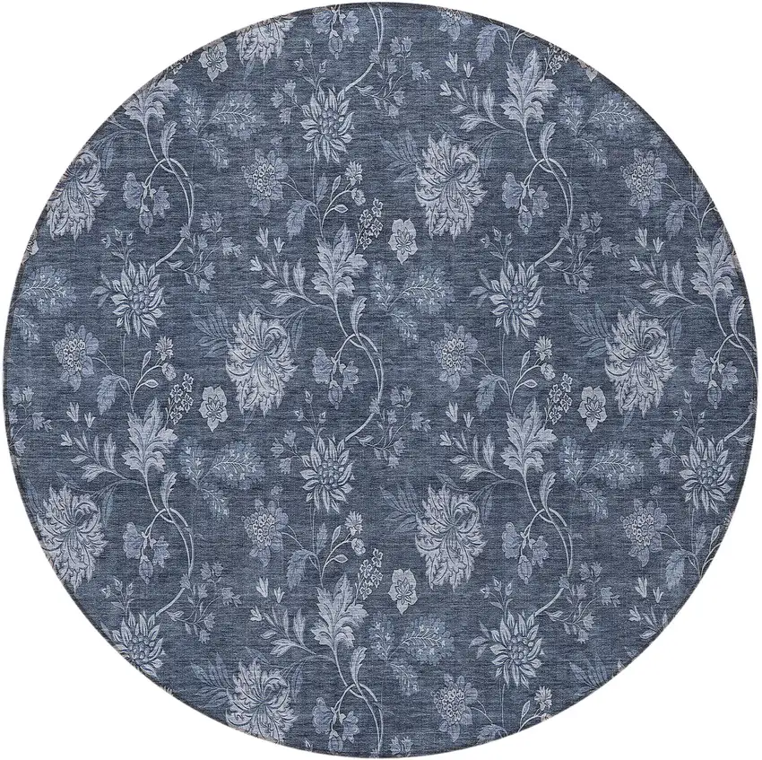 8' Denim Blue And Navy Blue Round Floral Washable Indoor Outdoor Area Rug Photo 5