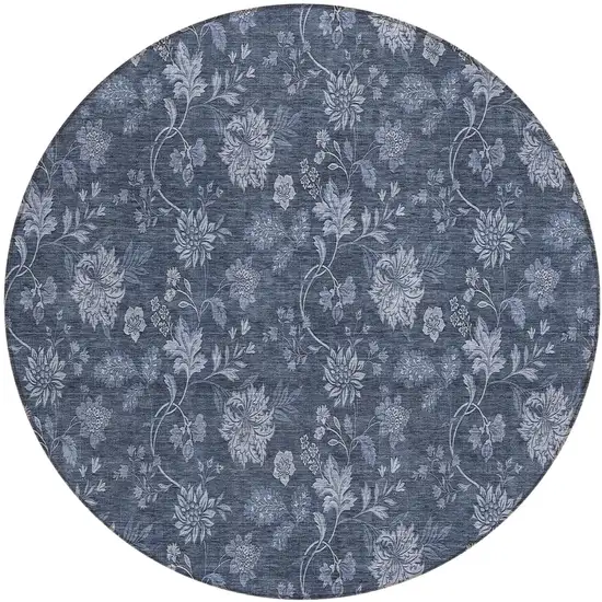 8' Denim Blue And Navy Blue Round Floral Washable Indoor Outdoor Area Rug Photo 2