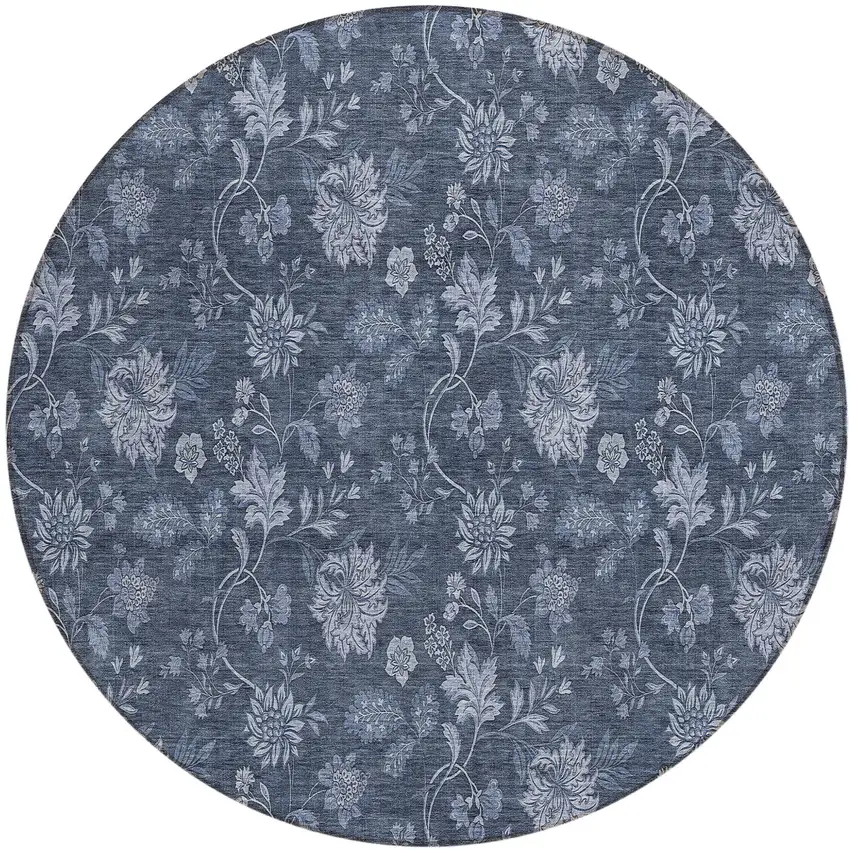 8' Denim Blue And Navy Blue Round Floral Washable Indoor Outdoor Area Rug Photo 2