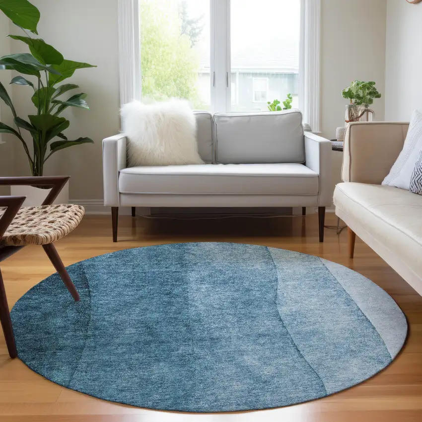 8' Denim Blue And Navy Blue Round Ombre Washable Indoor Outdoor Area Rug Photo 6