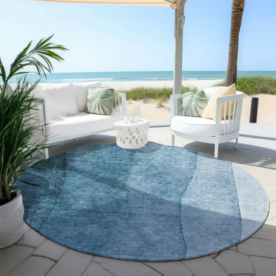 8' Denim Blue And Navy Blue Round Ombre Washable Indoor Outdoor Area Rug Photo 5
