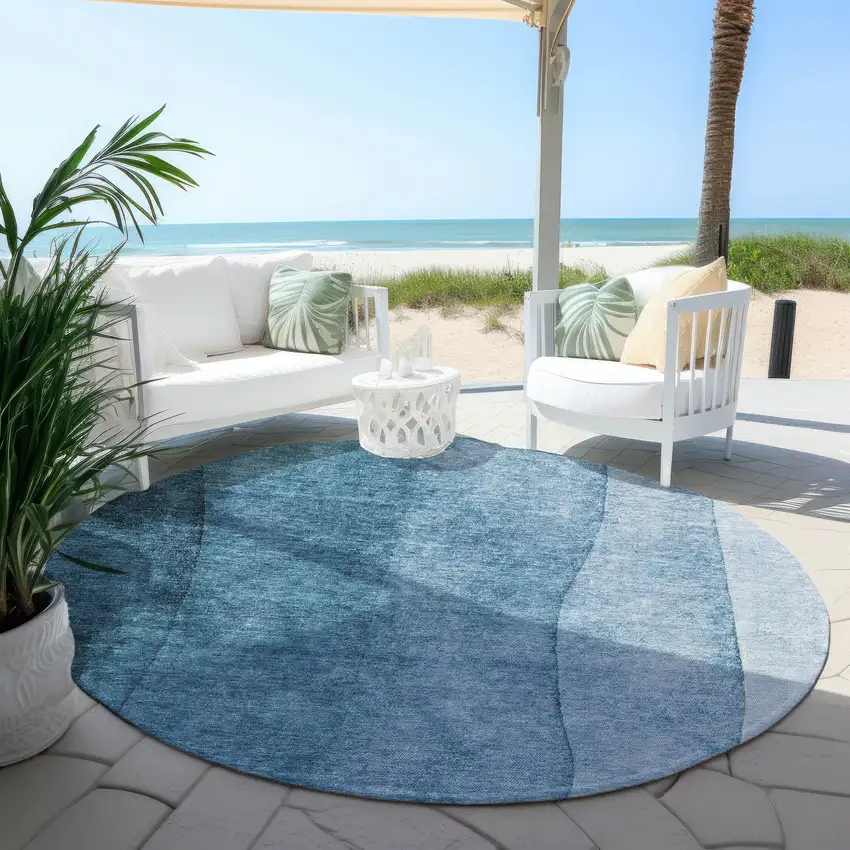 8' Denim Blue And Navy Blue Round Ombre Washable Indoor Outdoor Area Rug Photo 5