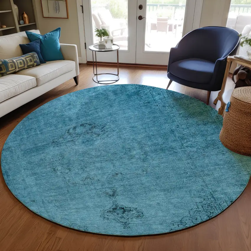 8' Denim Blue And Navy Blue Round Oriental Washable Indoor Outdoor Area Rug Photo 9